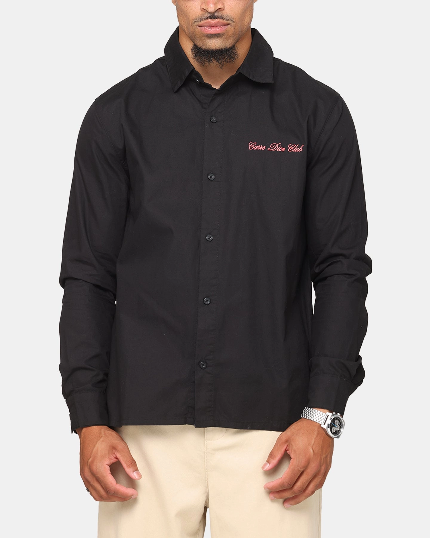 AdjustableDrawstring RibbedTexture Carre Dice Club Long Sleeve Button Up Shirt Black