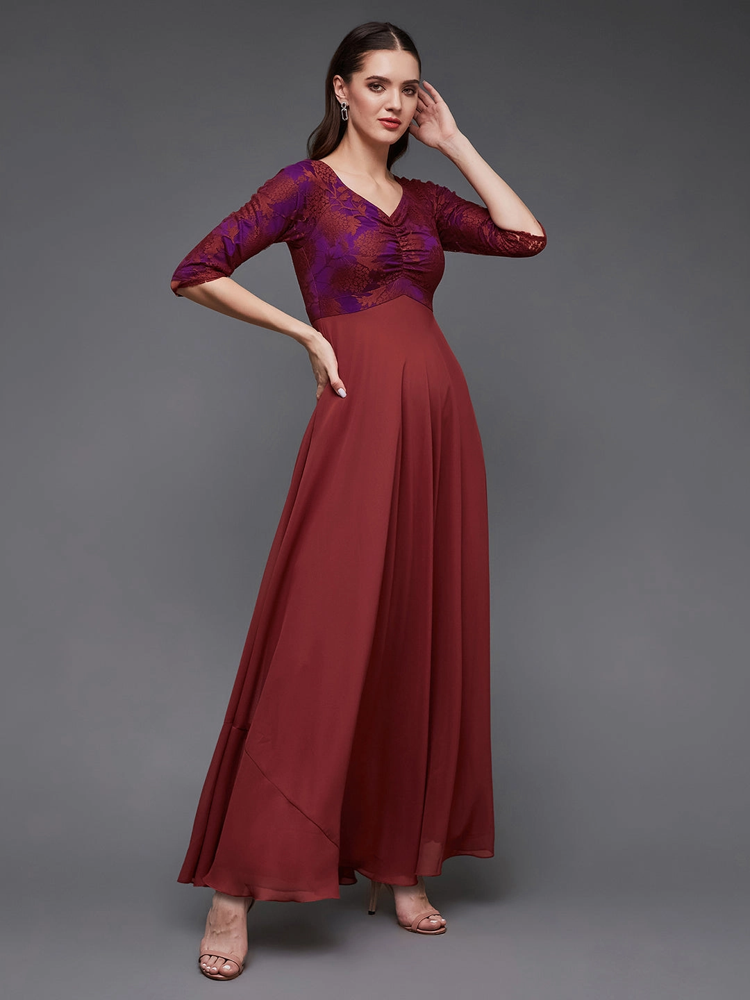 Women's Brick Red Sweet heart neck 3/4 Sleeve Self Design Fit & Flare Maxi Dress Chill Mode