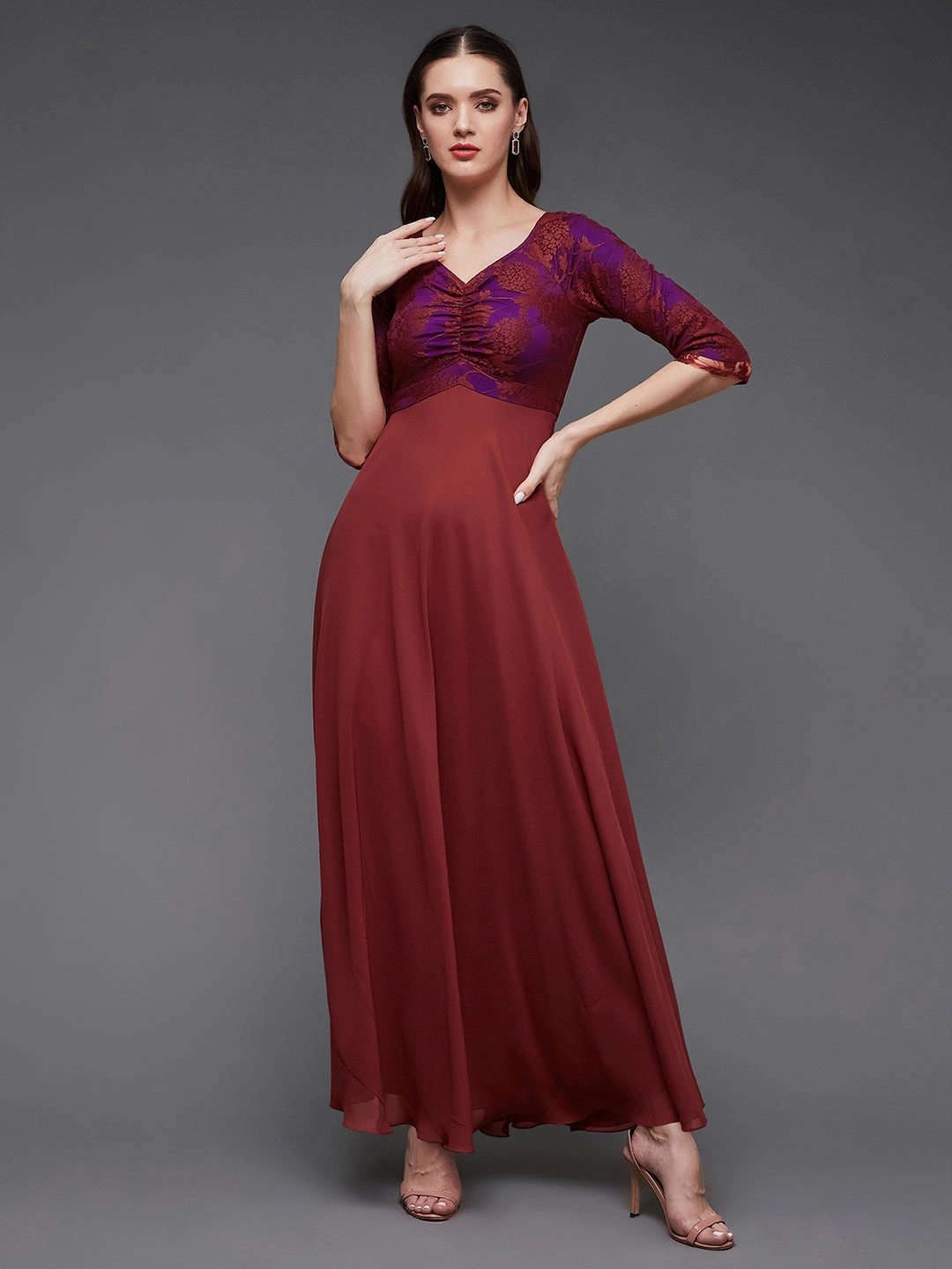 Women's Brick Red Sweet heart neck 3/4 Sleeve Self Design Fit & Flare Maxi Dress Daily Style FoldablePackaging