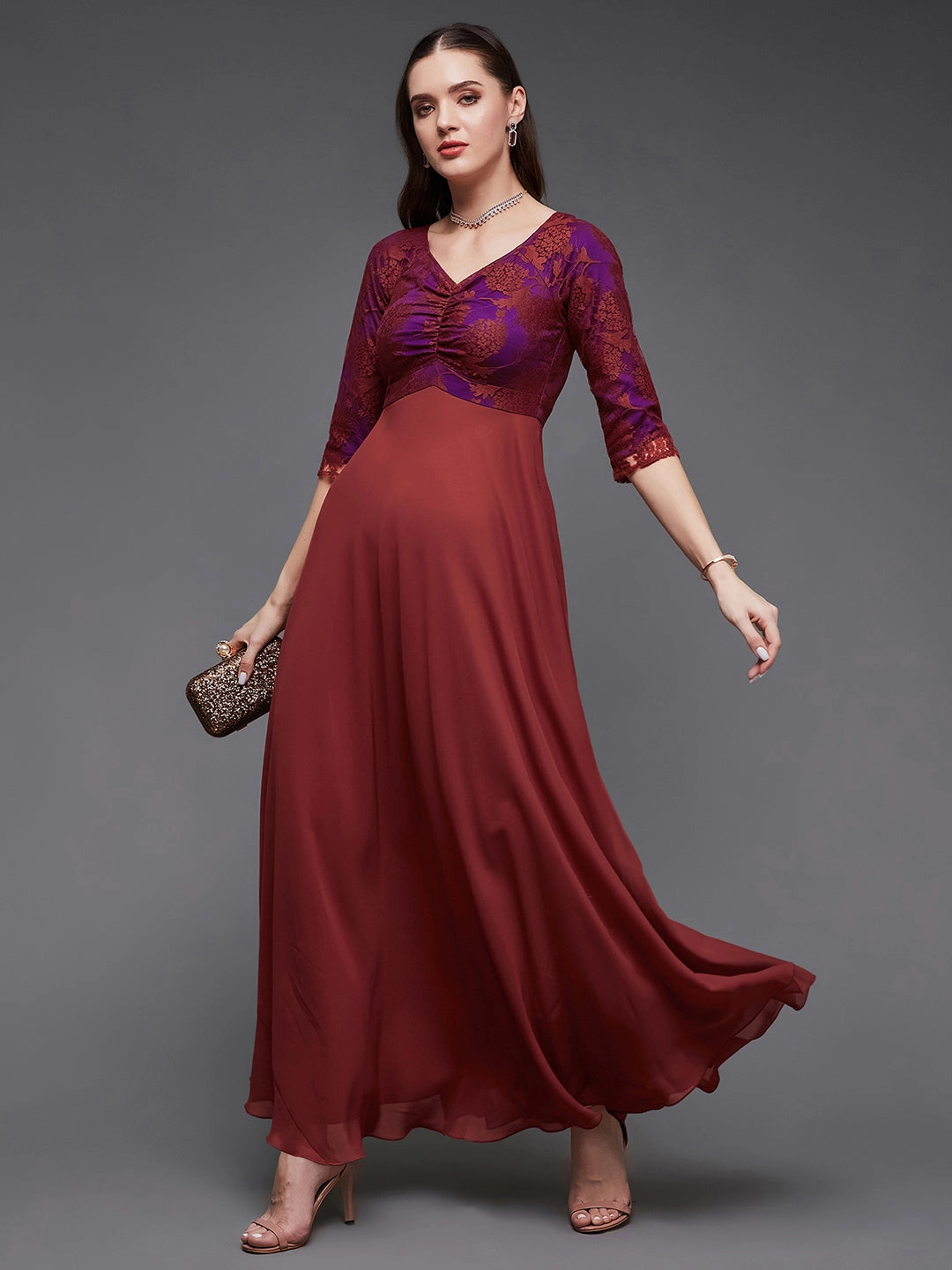 Daywear Comfort Light and Breezy Women's Brick Red Sweet heart neck 3/4 Sleeve Self Design Fit & Flare Maxi Dress