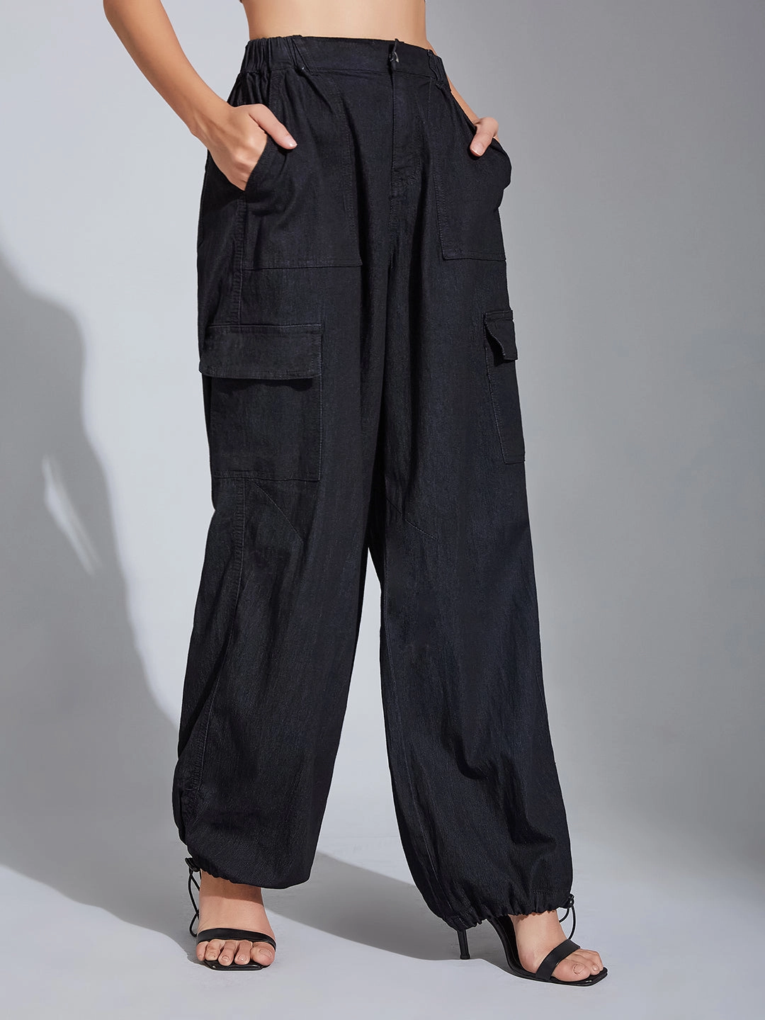 24/7 Comfort Black High-Rise Stretchable Light Weight Denim Cargo Parachute Pants Effortless Comfort Slimline Fit