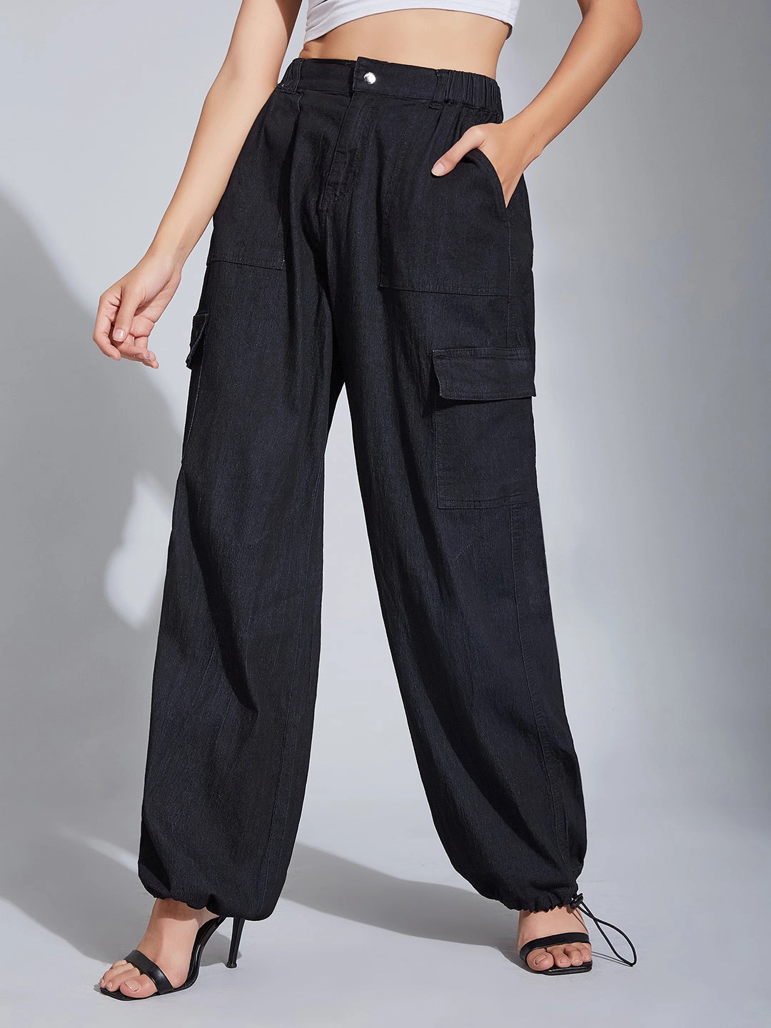 24/7 Comfort Black High-Rise Stretchable Light Weight Denim Cargo Parachute Pants Long Use Casual Performance Wear