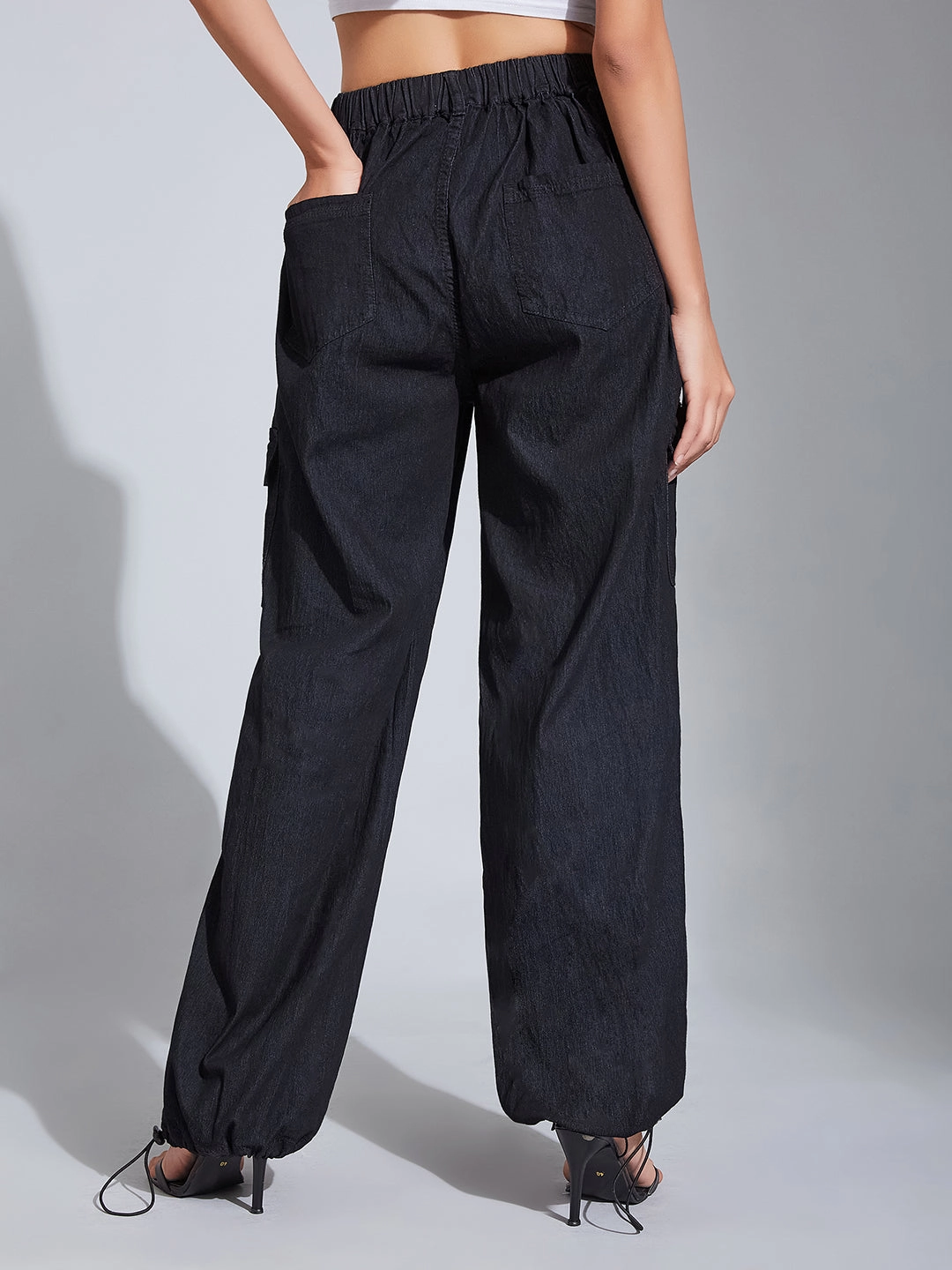 Fit Comfort 24/7 Comfort Black High-Rise Stretchable Light Weight Denim Cargo Parachute Pants