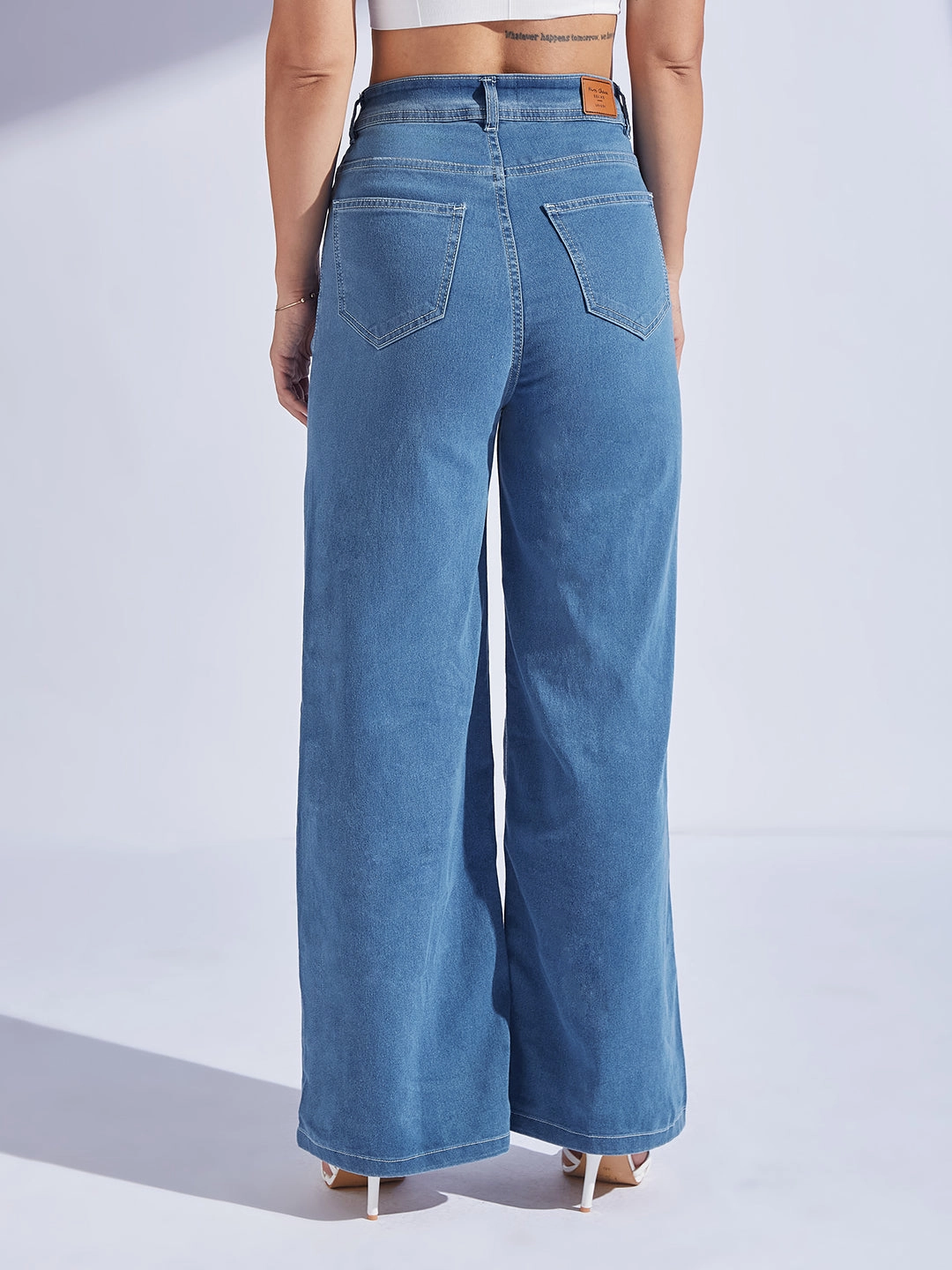 Women's Blue Wide-Leg High-Rise Regular-Length Stretchable Denim Jeans Style Statement Athlete Fit High Quality