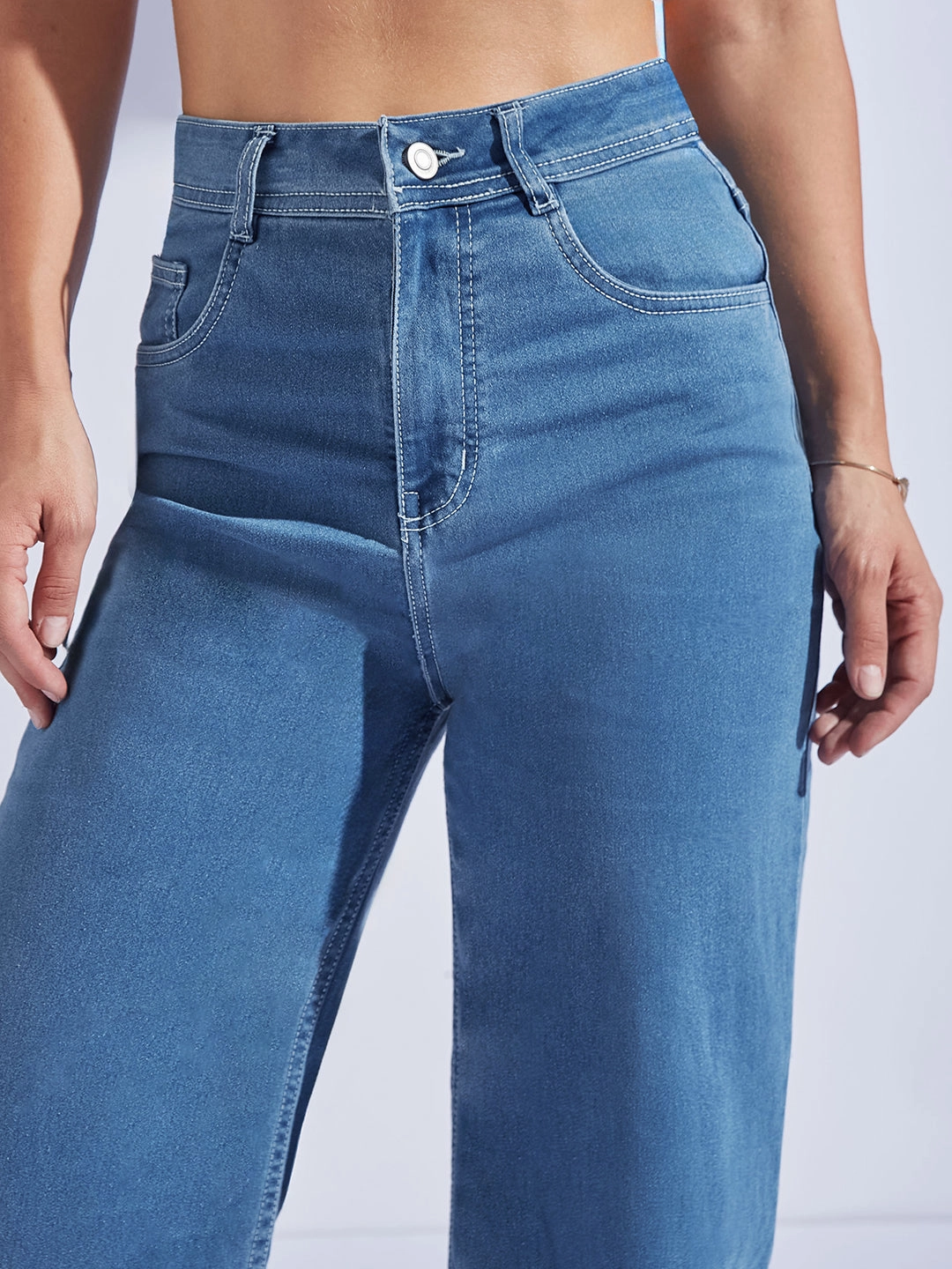 Everyday Vibrant Stylish Silhouette Women's Blue Wide-Leg High-Rise Regular-Length Stretchable Denim Jeans