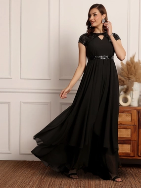 Women's Black Keyhole Neck Short Sleeve Embellished Layered Georgette Maxi Dress Calm Aesthetic