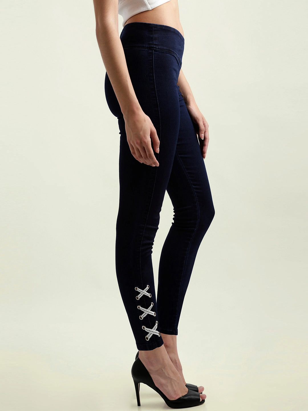 Women's Navy Blue Super Skinny-Fit High-Rise Regular Length Criss Cross Twill Tape Detailing Denim Stretchable Jeggings LowProfileStitching