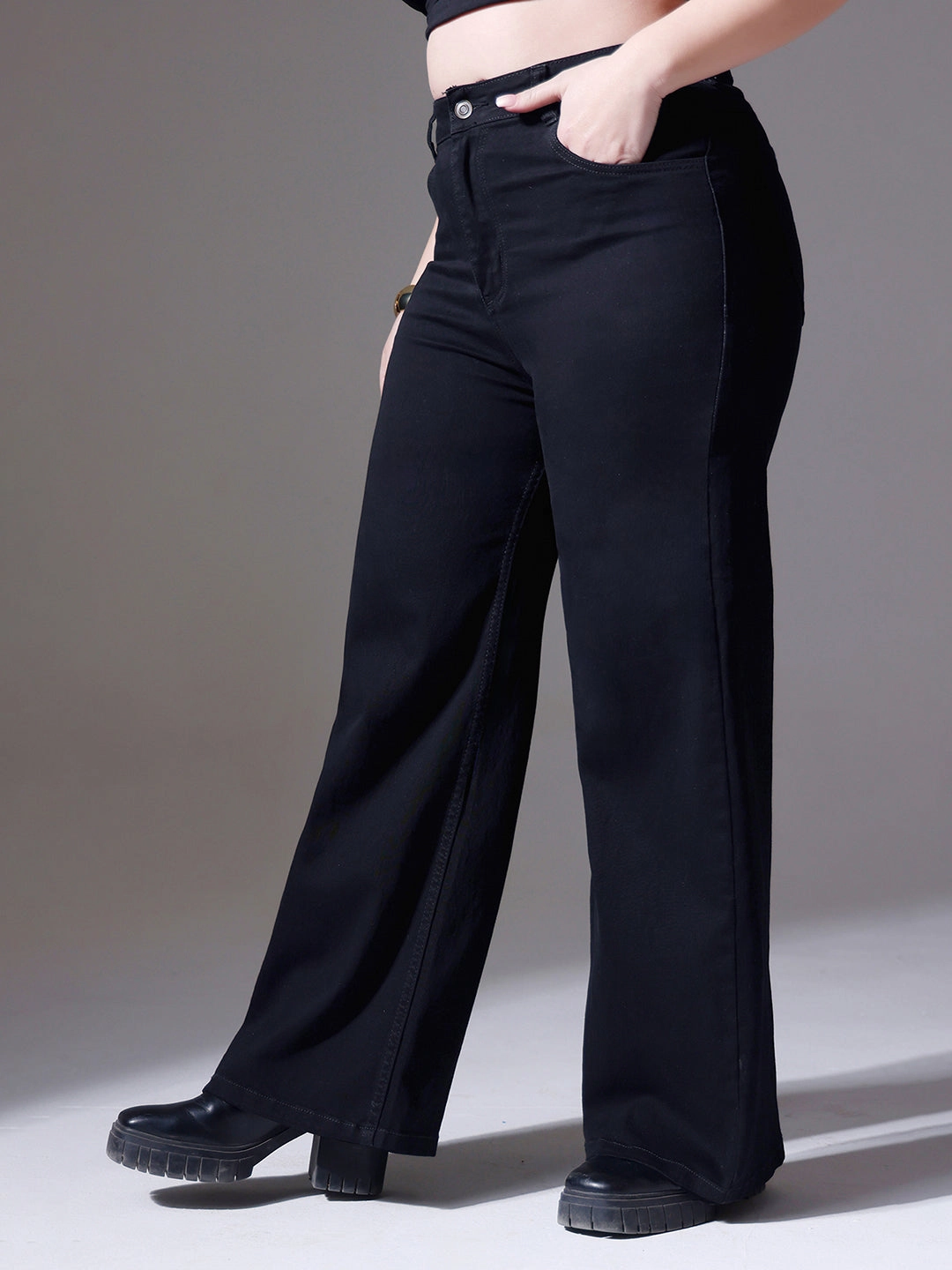 Women's Black Wide-Leg High-Rise Clean-Look Stretchable Denim Jeans Student Outfit Streetwear Fan Waterless Wash Technology