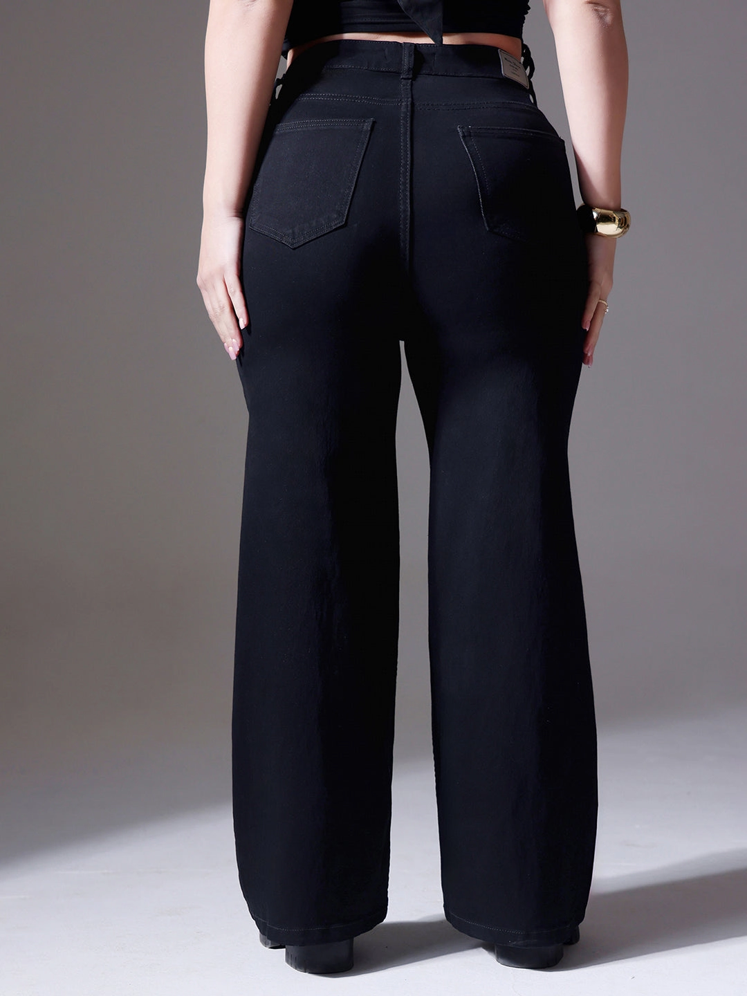 Women's Black Wide-Leg High-Rise Clean-Look Stretchable Denim Jeans Urban Look Sharp Comfort