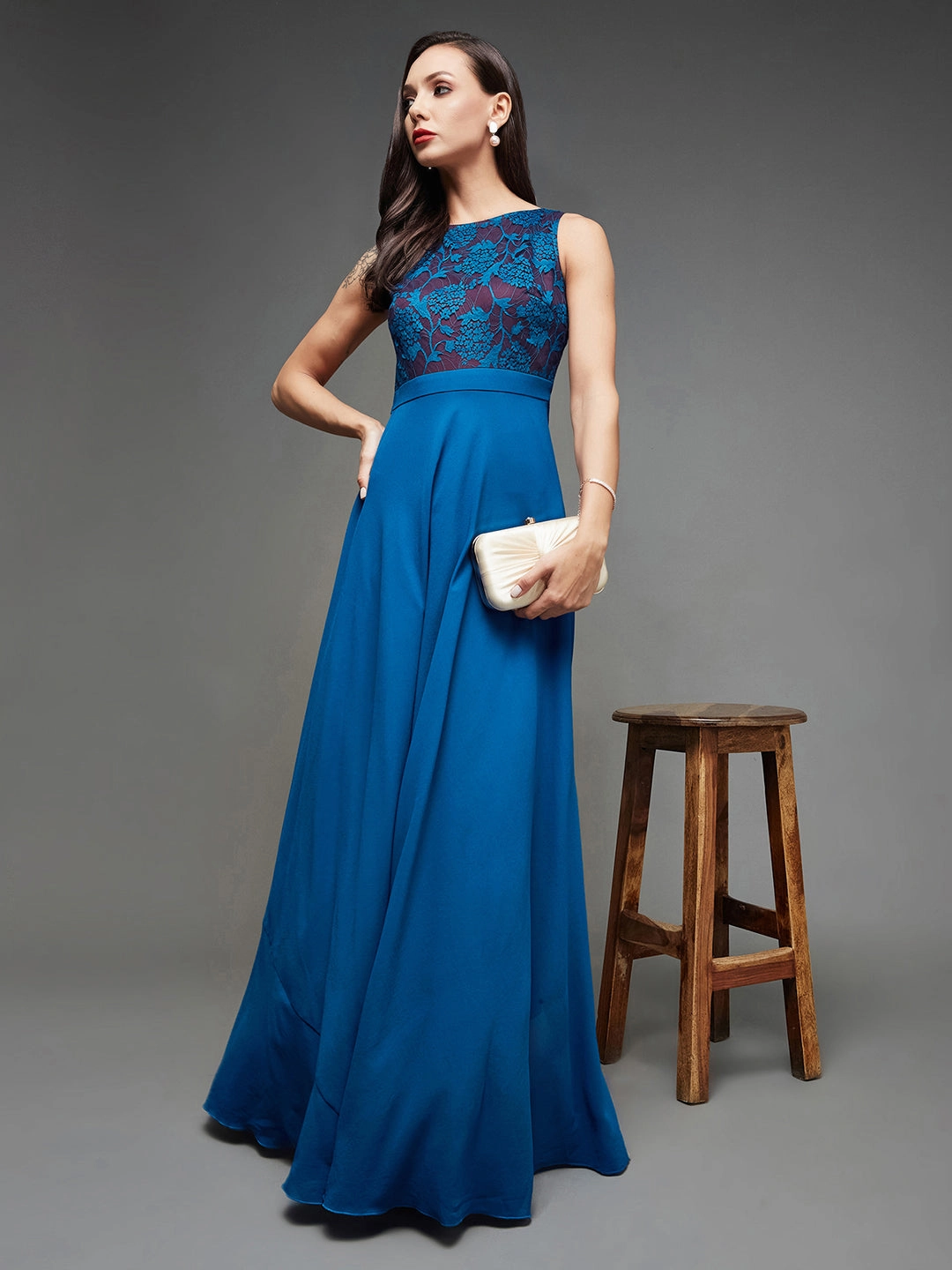Skin Tone Women's Royal Blue Round Neck Sleeveless Georgette Floral Lace Fit & Flare Maxi Dress