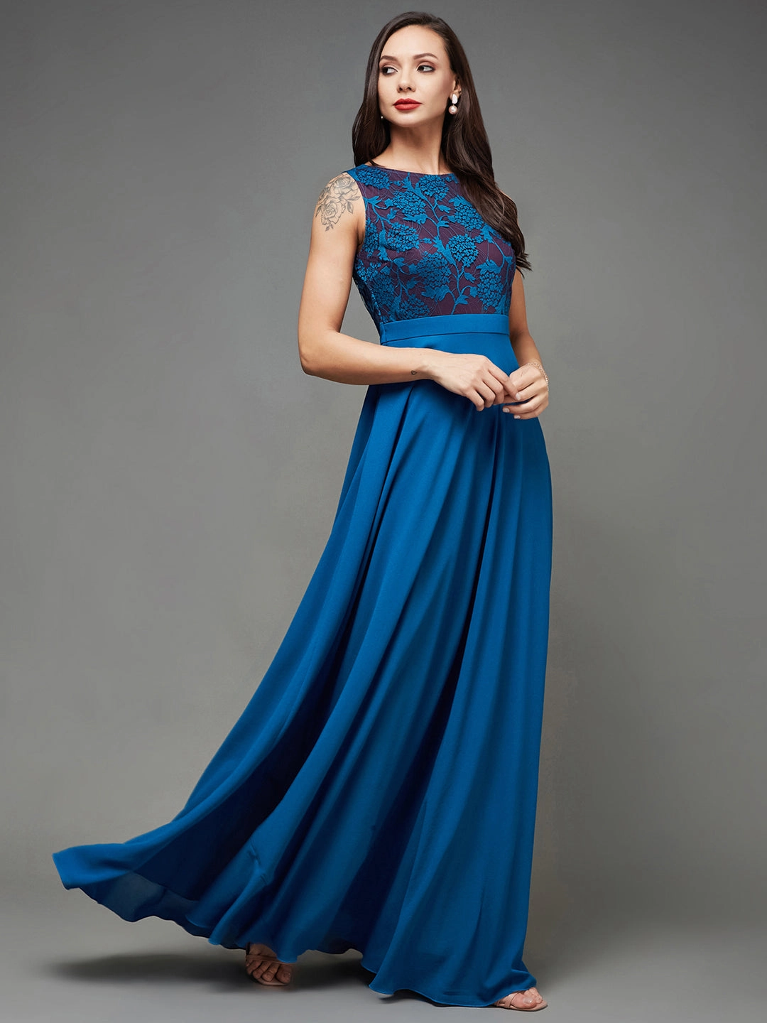 Women's Royal Blue Round Neck Sleeveless Georgette Floral Lace Fit & Flare Maxi Dress Confident Mood Elegant Motion
