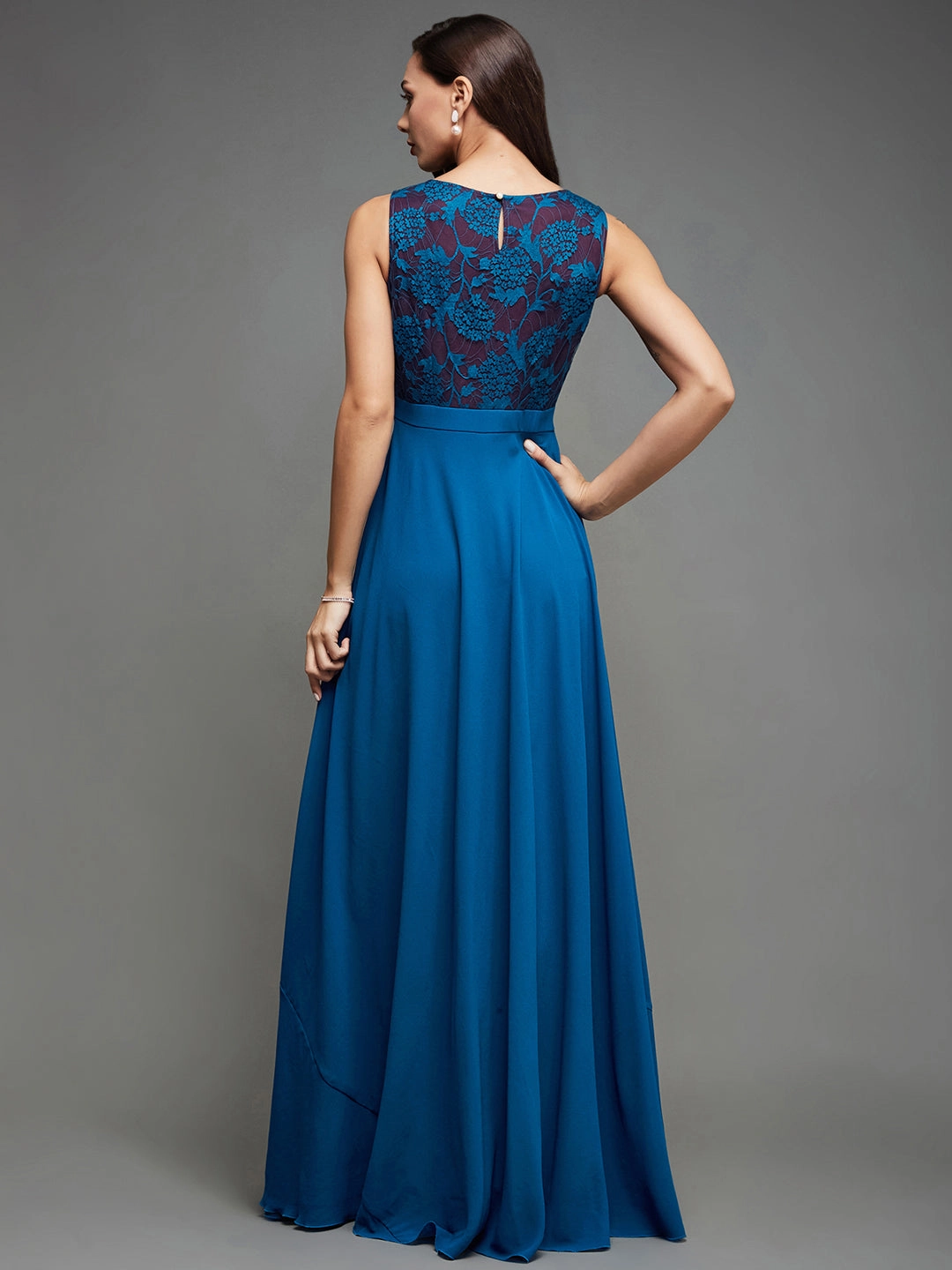 Classic Layering Women's Royal Blue Round Neck Sleeveless Georgette Floral Lace Fit & Flare Maxi Dress