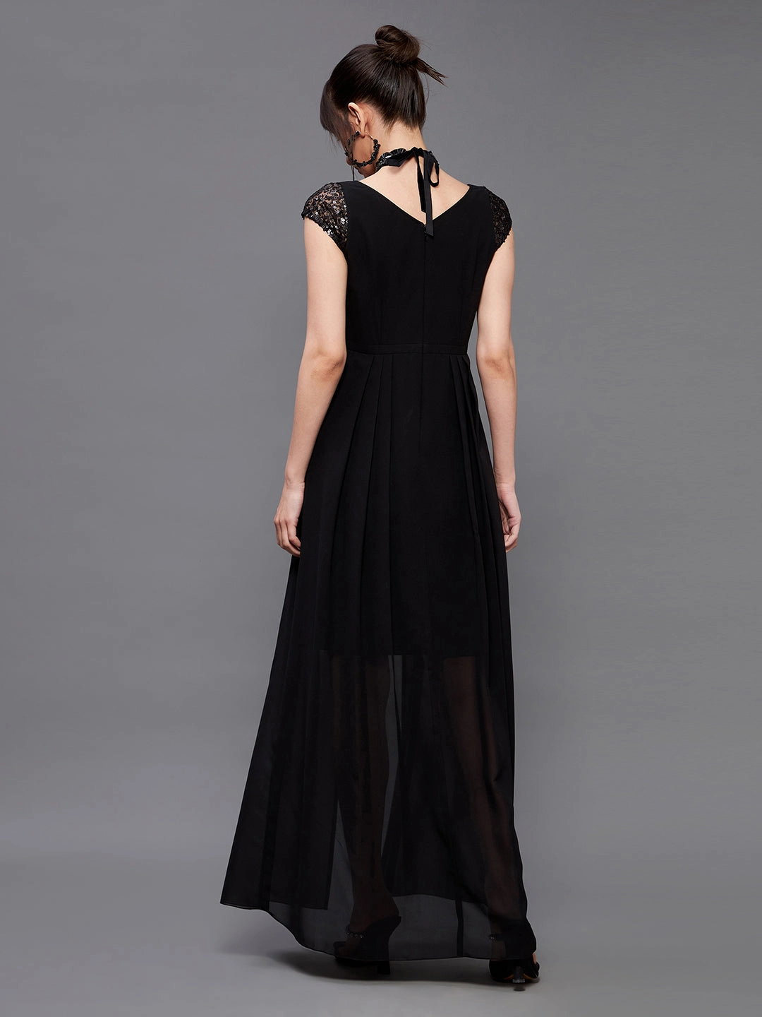 Comfortable and Fashionable Sheer Overlay Women's Black Embellished Fit & Flare Maxi Dress