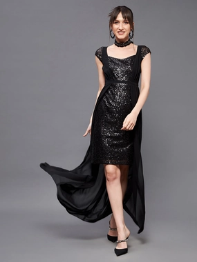 Breathable Design Classic Waistband Women's Black Embellished Fit & Flare Maxi Dress