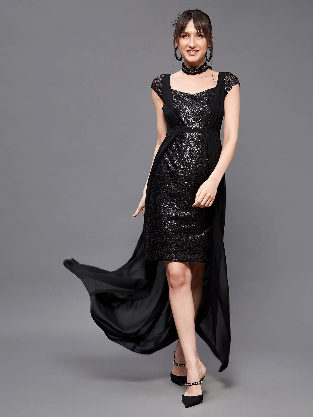 Breathable Design Classic Waistband Women's Black Embellished Fit & Flare Maxi Dress