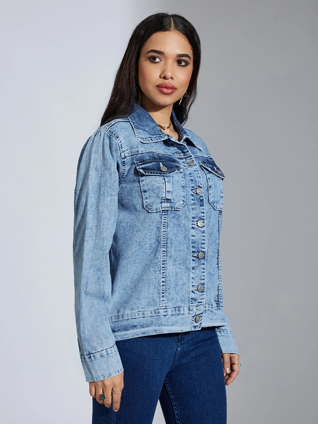 Fast Chic Chic Everyday Wear Women's Light Blue Collared Full Sleeve Solid Embellished Regular Length Denim Jacket