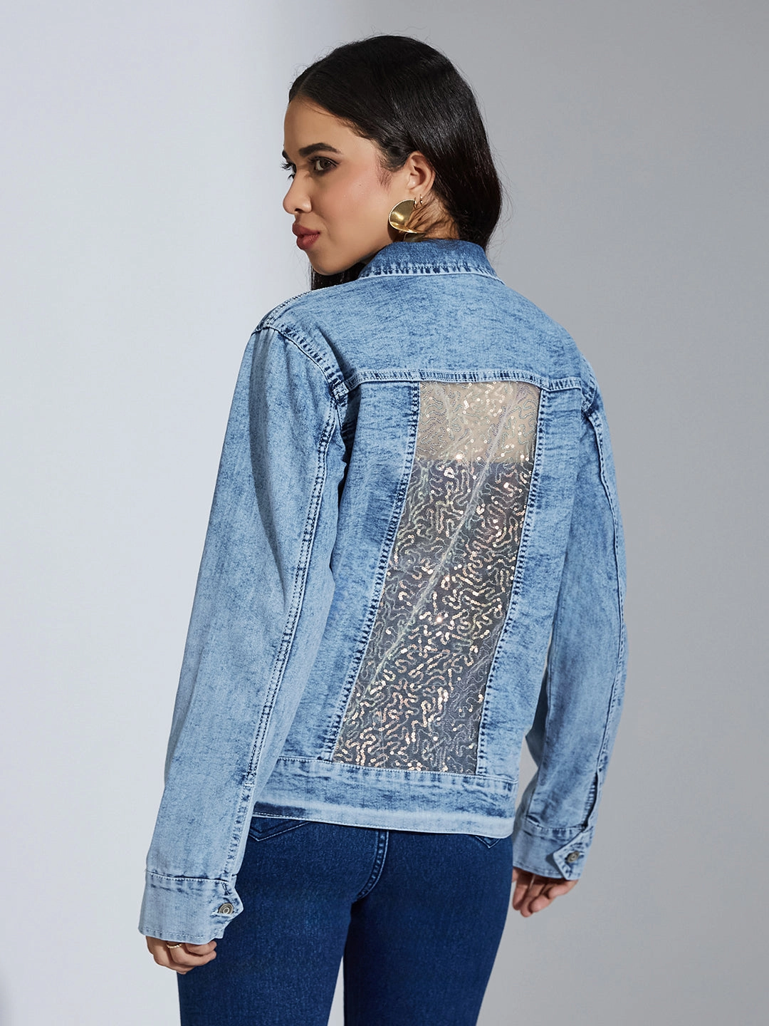 All Timewear Soft Drape Women's Light Blue Collared Full Sleeve Solid Embellished Regular Length Denim Jacket