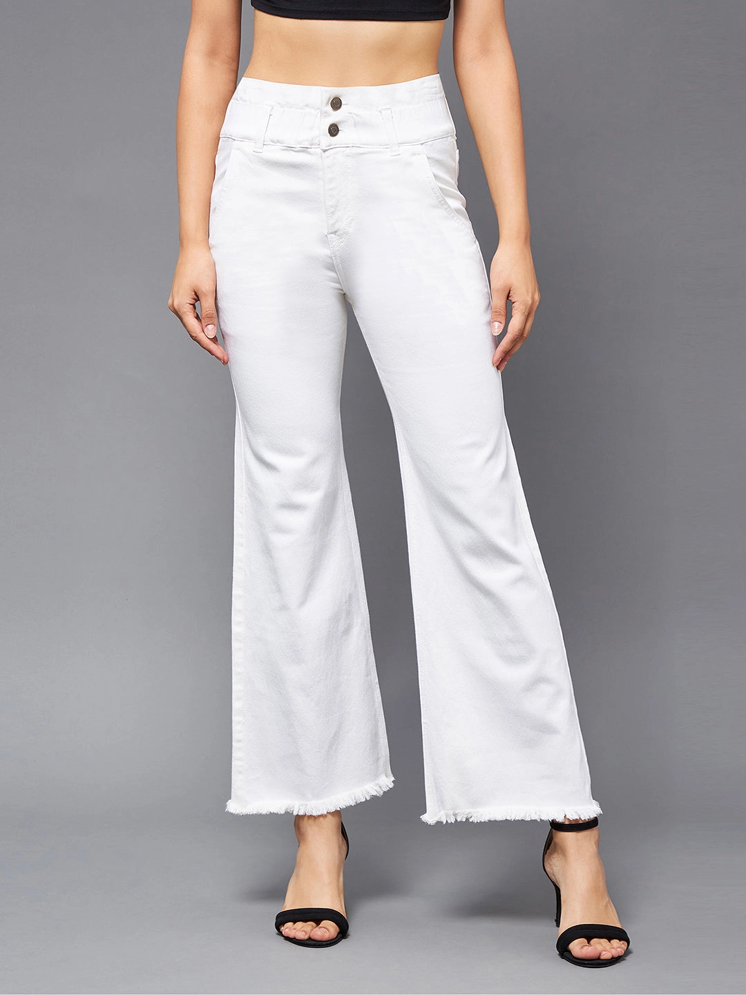 24/7 Comfort White Flared High-Rise Ankle length Stretchable Denim Jeans Spring Mood Bold Look Stylish Look