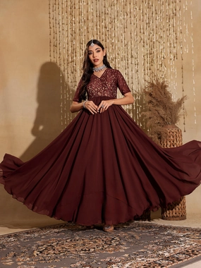 Earth Colors Women's Wine V-Neck Half Sleeve Self Designed Wrap Georgette Maxi Dress