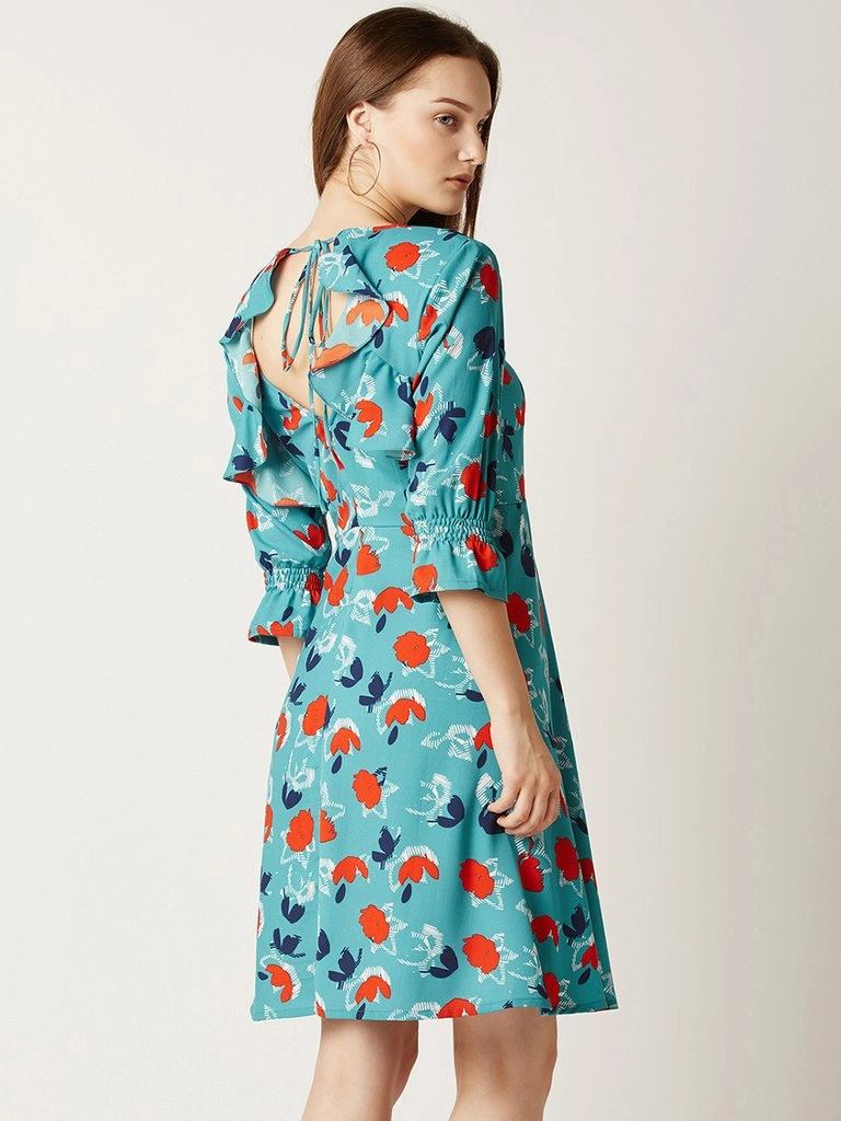 Women's Multicolored V-Neck 3/4 Sleeve Mini Ruffled Floral Skater Dress Urban Line