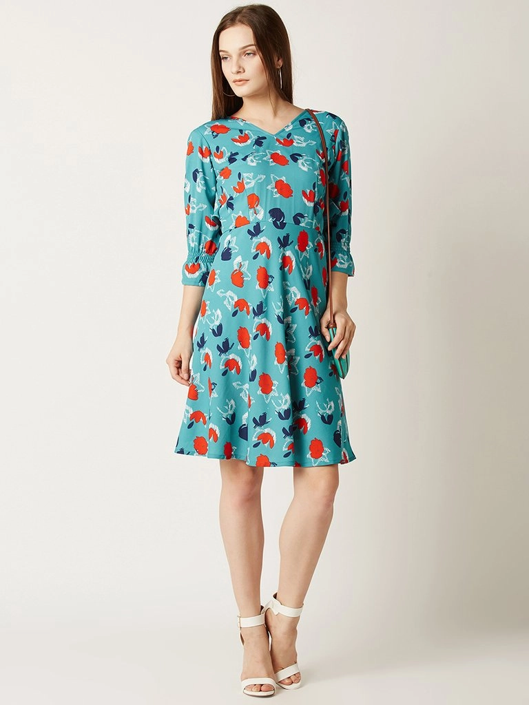 Move Easy Women's Multicolored V-Neck 3/4 Sleeve Mini Ruffled Floral Skater Dress