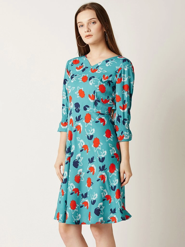 Relaxed Waistband Lounge Fit Women's Multicolored V-Neck 3/4 Sleeve Mini Ruffled Floral Skater Dress