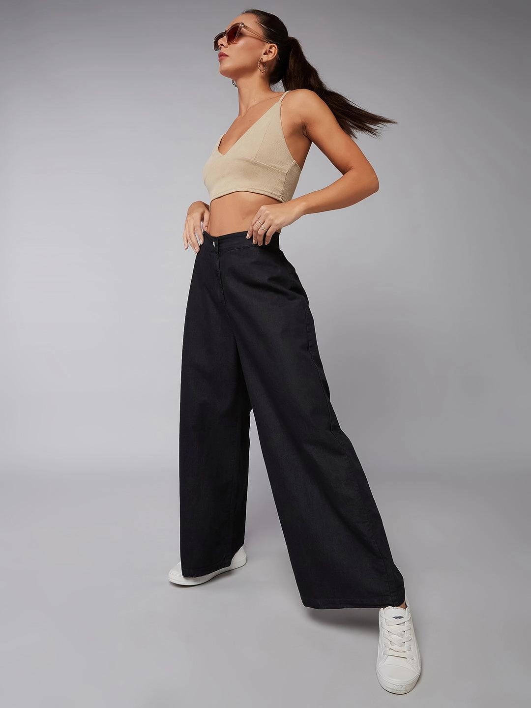 Women's Black Wide-Leg High-Rise Light Weight Clean-Look Regular Length Light Weight Denim Pants Comfort Wear Fit Urban Cool