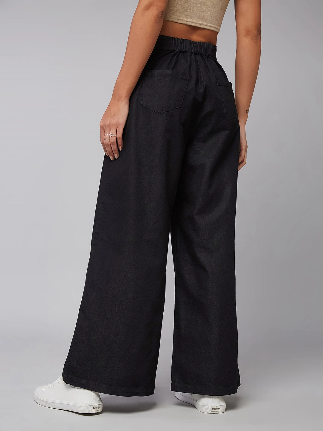 Women's Black Wide-Leg High-Rise Light Weight Clean-Look Regular Length Light Weight Denim Pants All Purpose
