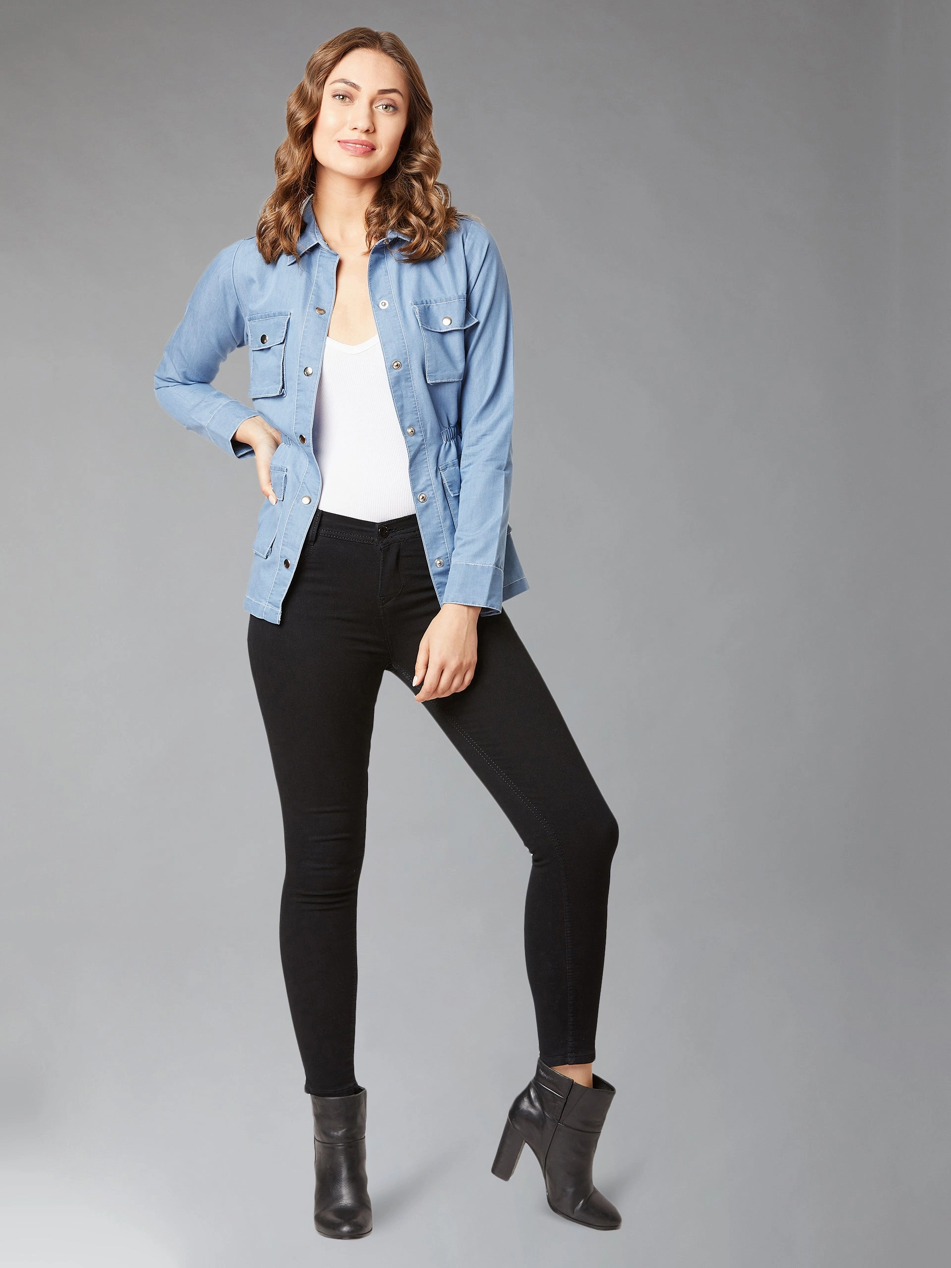 Women's Light Blue Polo Neck Full Sleeves Denim Solid Regular Length Jacket LightweightInsulation Thermal Reflective Lining