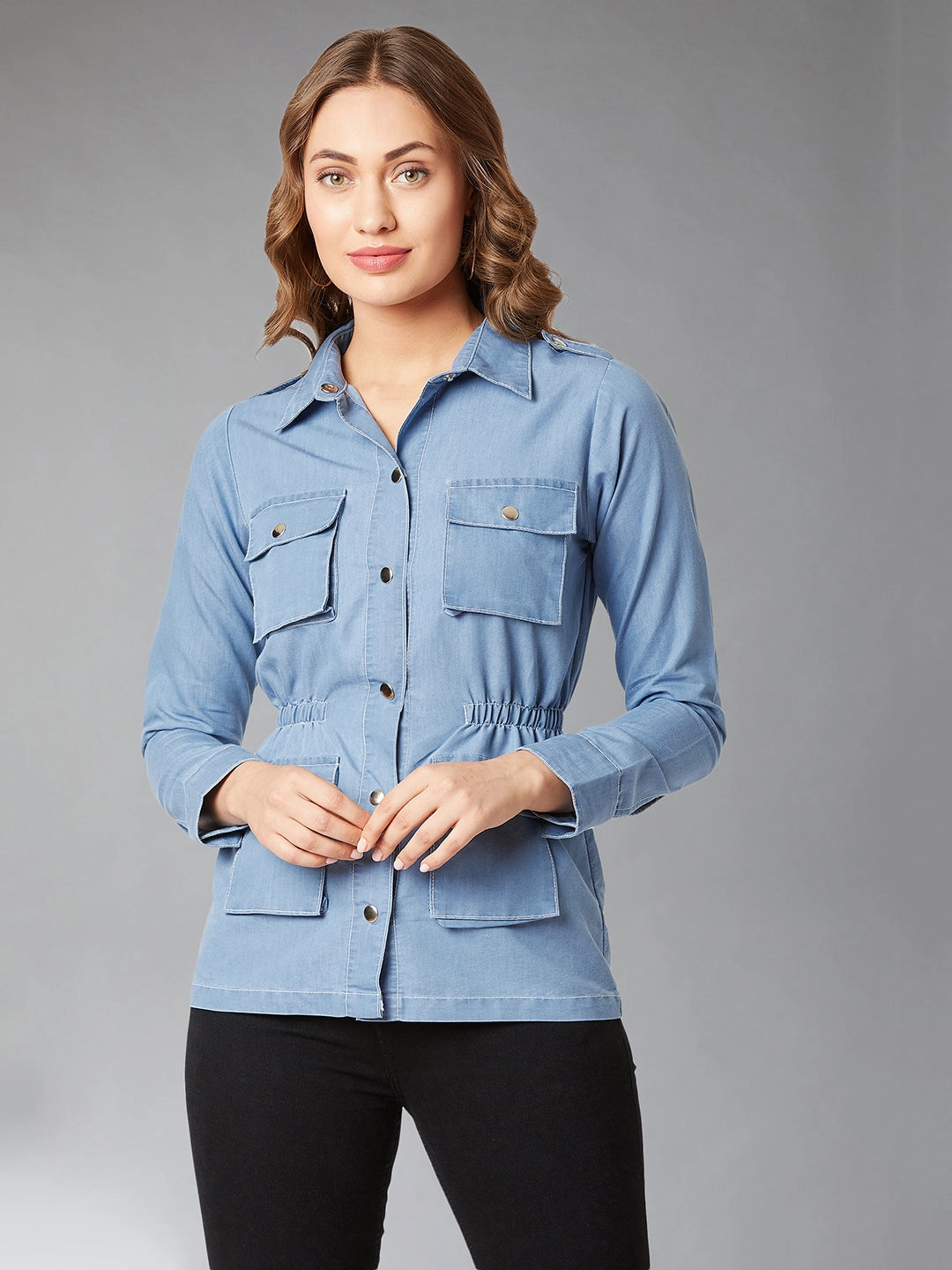 Women's Light Blue Polo Neck Full Sleeves Denim Solid Regular Length Jacket High Collar Windguard