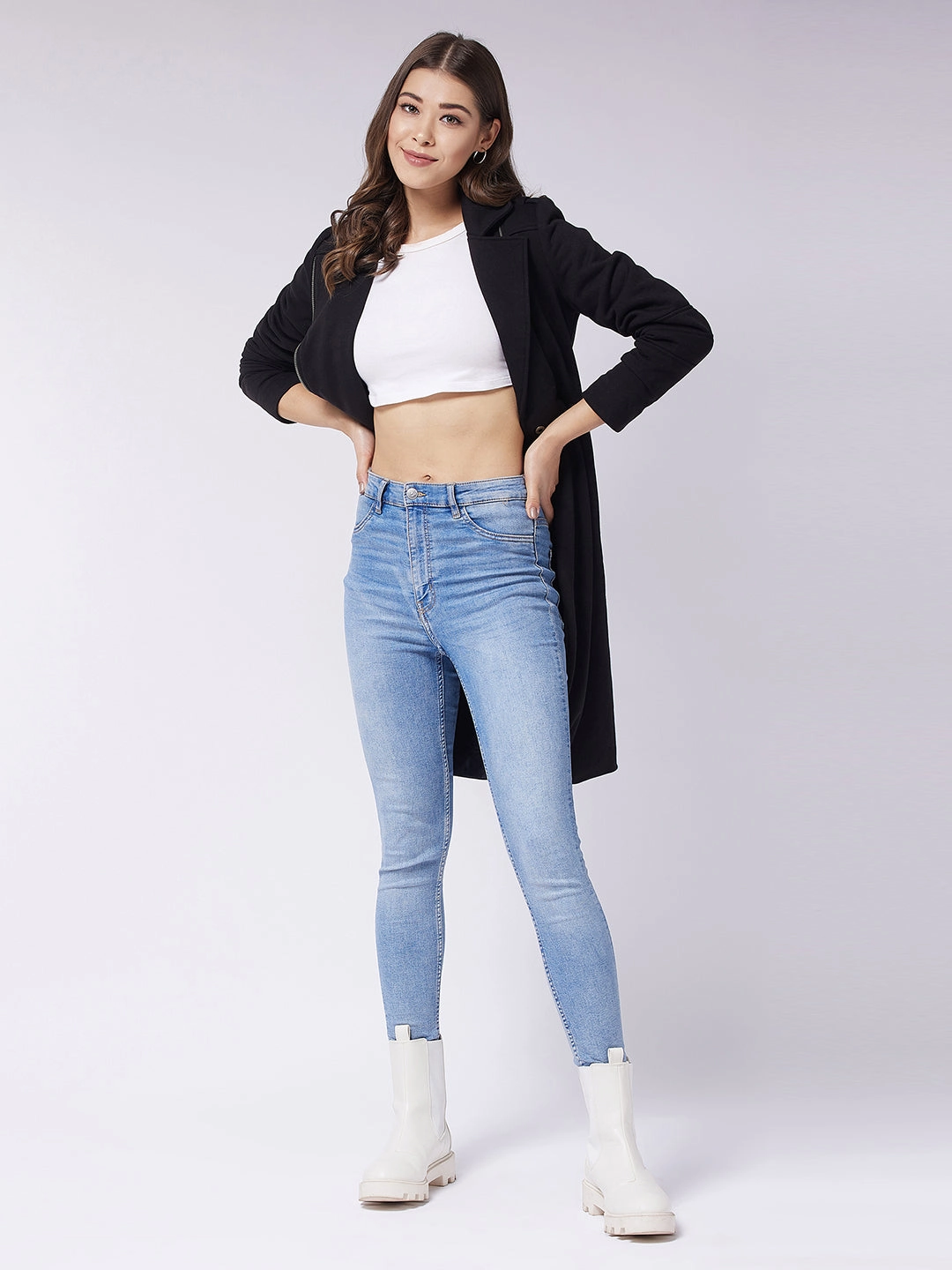 Stylish Basics Women's Black Notch Collar Multi Panelled Full Sleeve Solid Double Breasted Knee Length Jacket