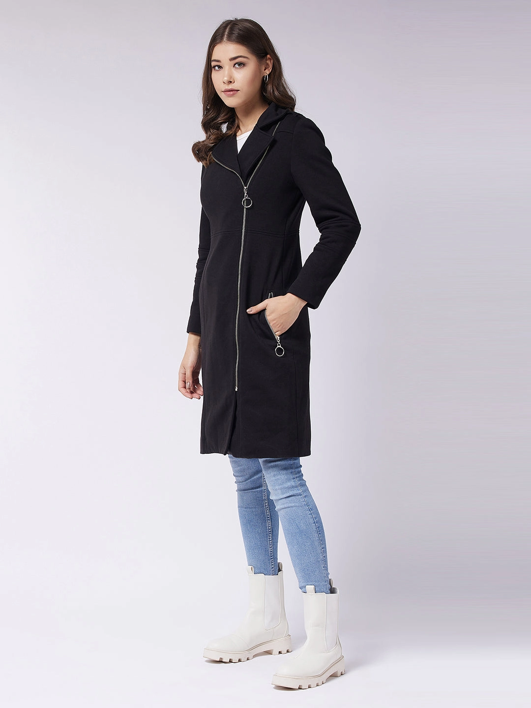 Snow Block Women's Black Notch Collar Multi Panelled Full Sleeve Solid Double Breasted Knee Length Jacket