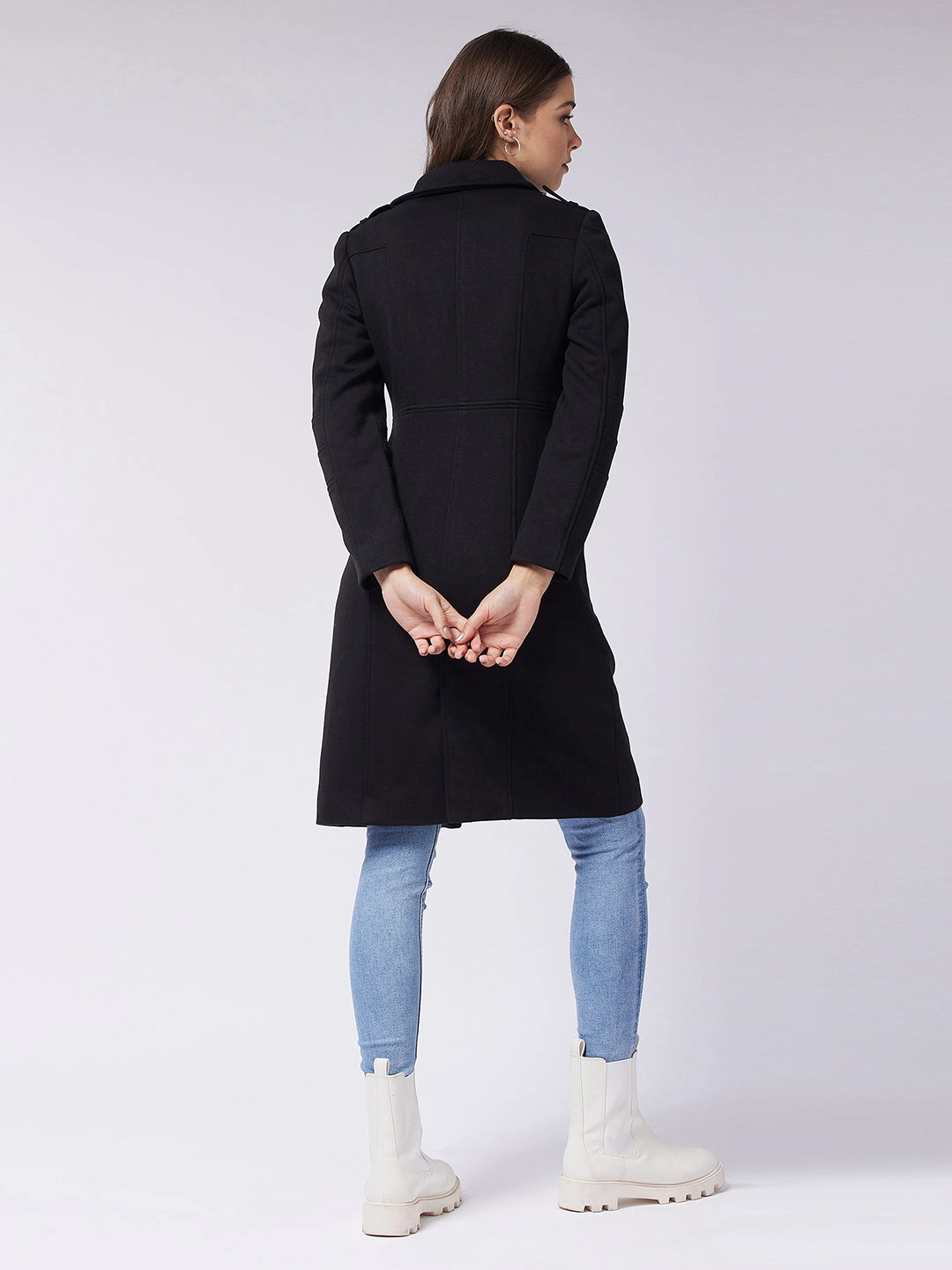 Women's Black Notch Collar Multi Panelled Full Sleeve Solid Double Breasted Knee Length Jacket Secure Closure System