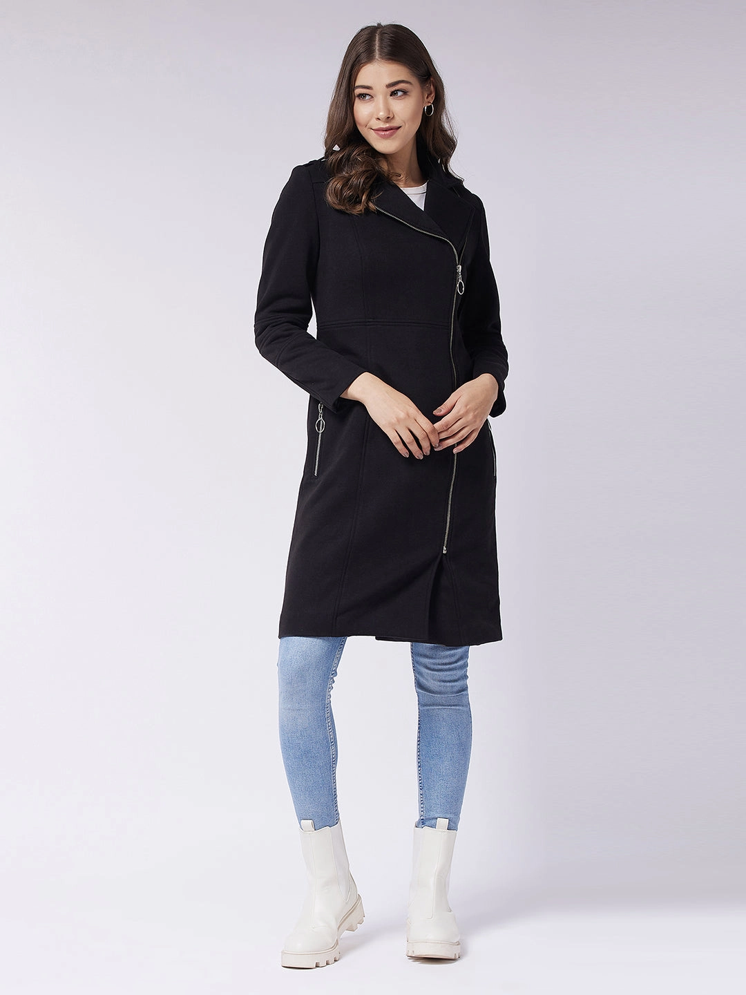 Women's Black Notch Collar Multi Panelled Full Sleeve Solid Double Breasted Knee Length Jacket Basic Essential Layer