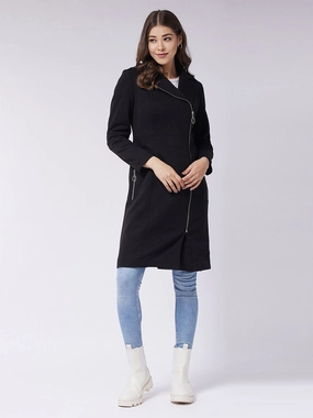 Women's Black Notch Collar Multi Panelled Full Sleeve Solid Double Breasted Knee Length Jacket Basic Essential Layer