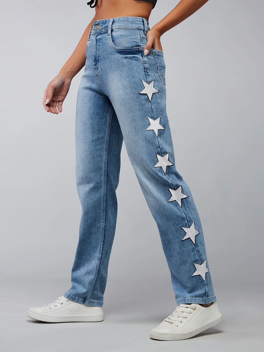 24/7 Comfort Light Blue Slim-Fit High-Rise Star Patch Stretchable Denim Jeans Clean Style Trendy High Quality