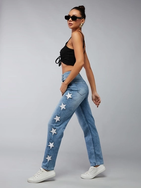 24/7 Comfort Light Blue Slim-Fit High-Rise Star Patch Stretchable Denim Jeans Neutral Autumn Days