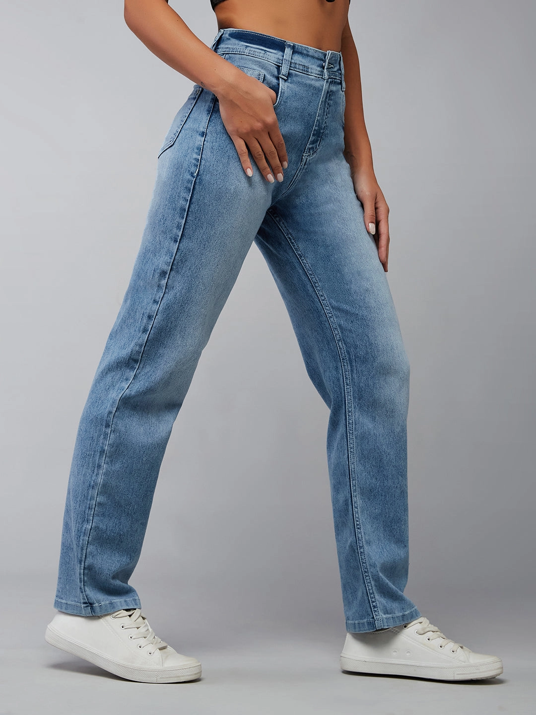 Office Wear Trendy Home Comfort 24/7 Comfort Light Blue Slim-Fit High-Rise Star Patch Stretchable Denim Jeans