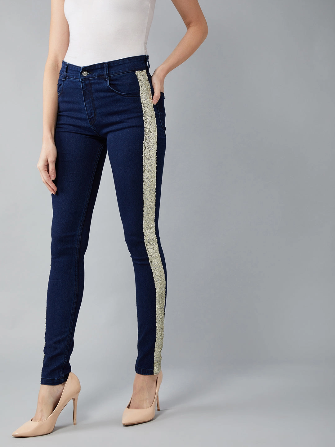 Women's Navy-Blue Skinny Mid-Rise Denim Jeans Pant Smart Wardrobe Relaxed Style Neutral