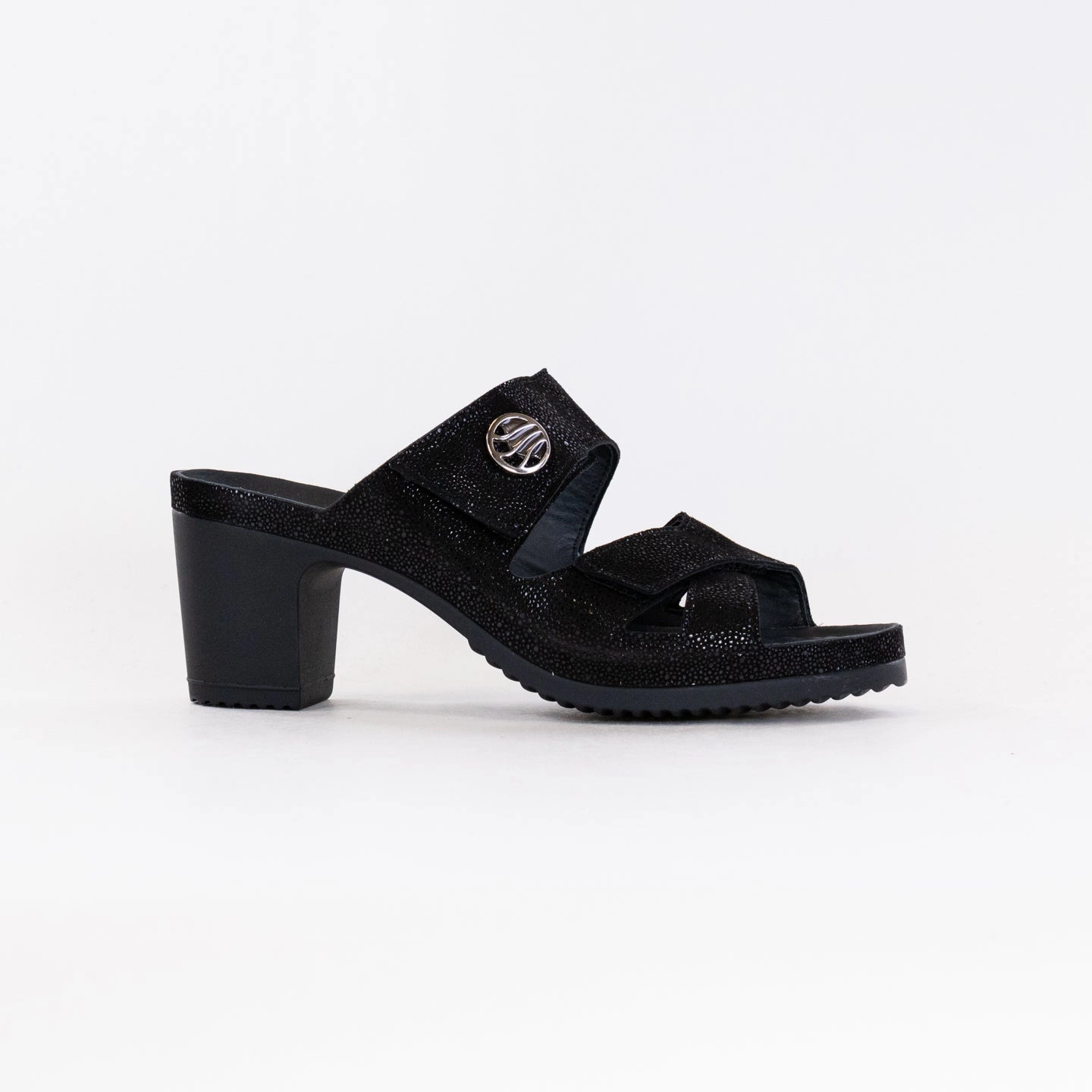 Vital Petra Mule Sandal (Women's) - Black Metallic Leather Breathable Upper