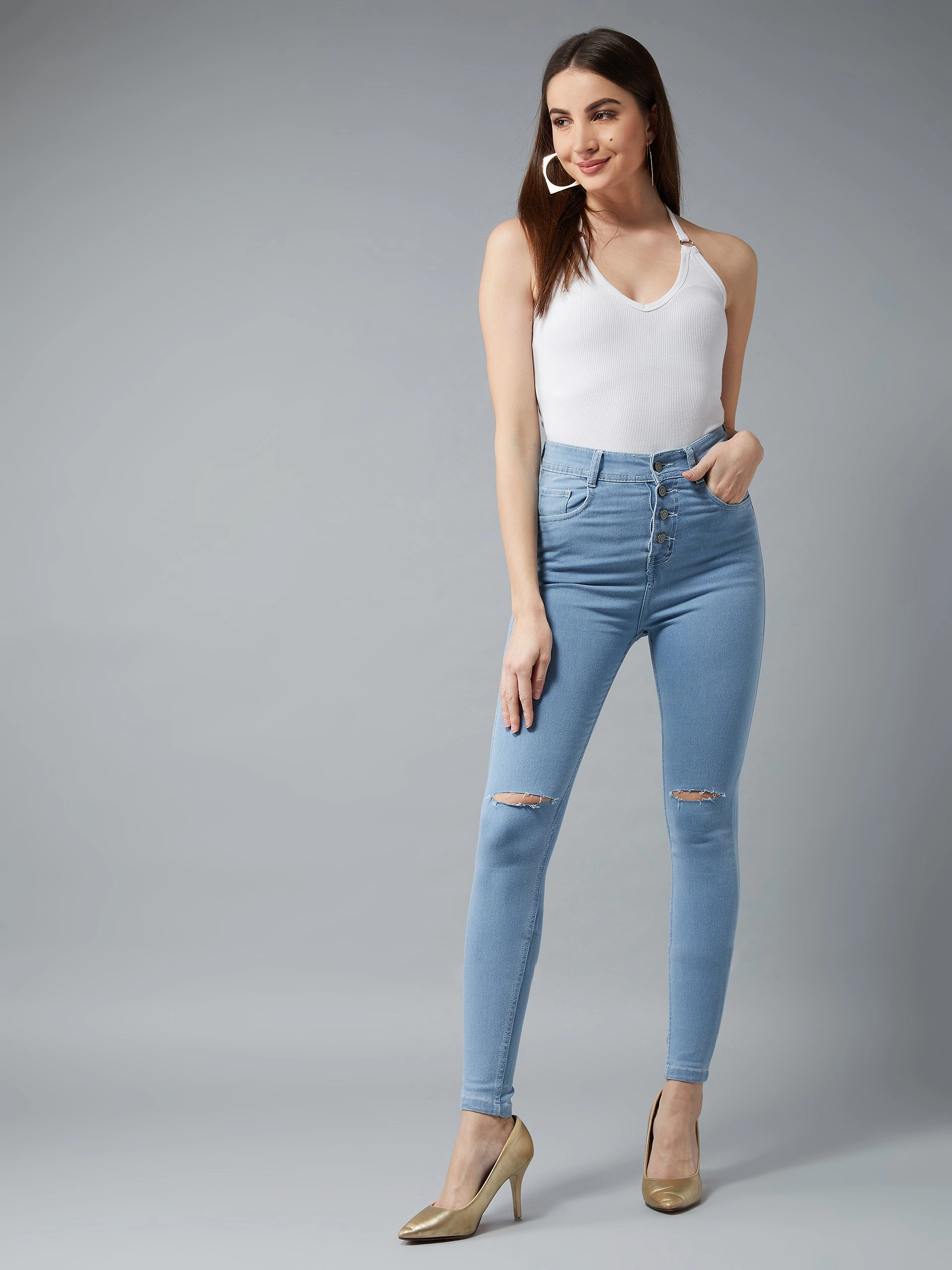 Brunch Outfit Vintage Lover Formal Outfit Mood Women's Light Blue Skinny High-Rise Distressed Denim Jeans