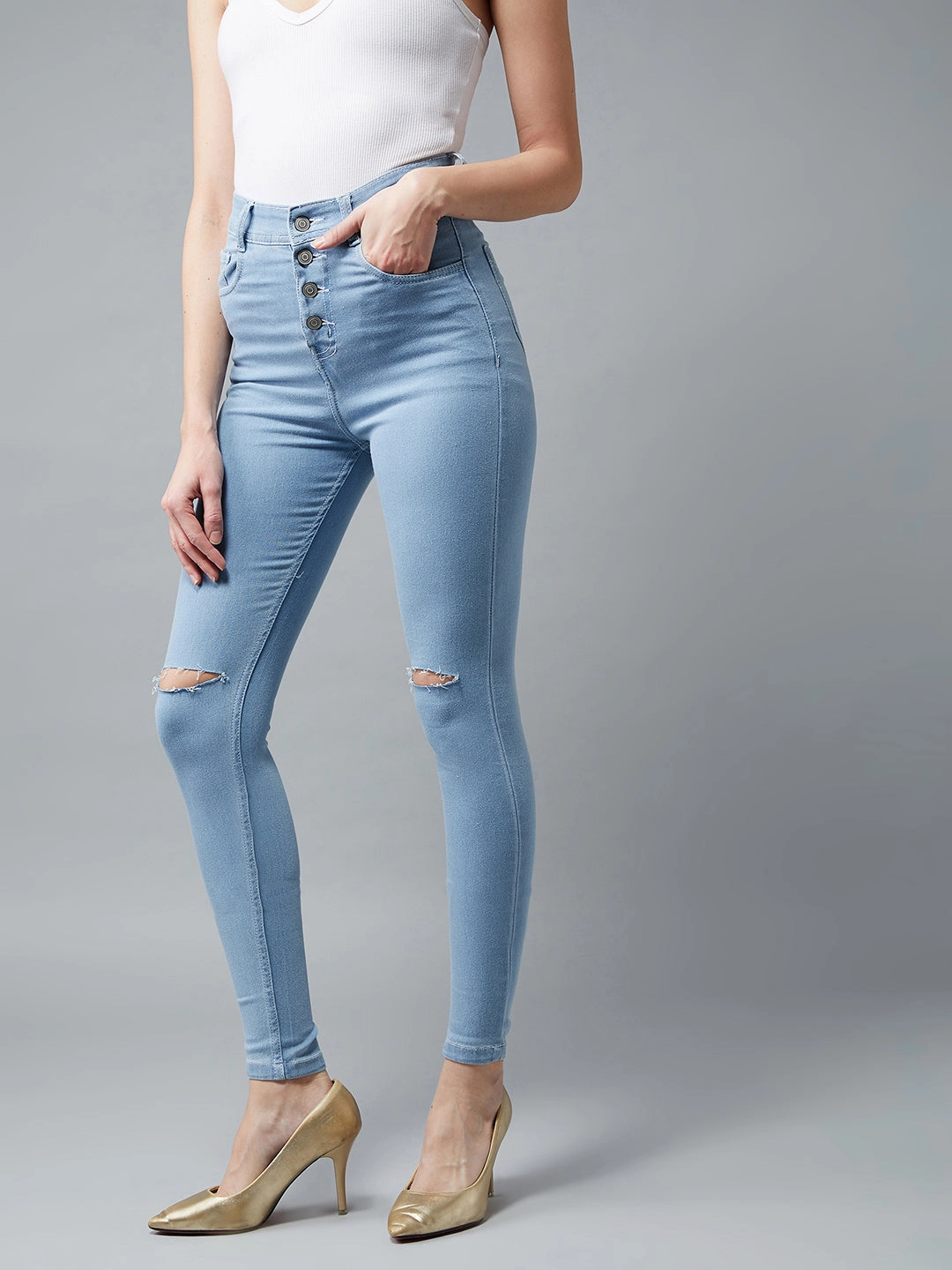Basic Attire Women's Light Blue Skinny High-Rise Distressed Denim Jeans