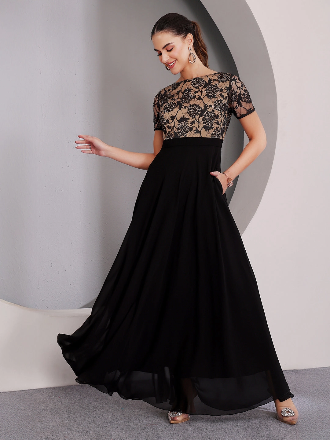 Joy Glow Charming Style Women's Black Round-Neck Half-Sleeve Self-Design Fit-&-Flare Georgette Maxi Dress