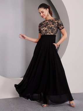 Joy Glow Charming Style Women's Black Round-Neck Half-Sleeve Self-Design Fit-&-Flare Georgette Maxi Dress