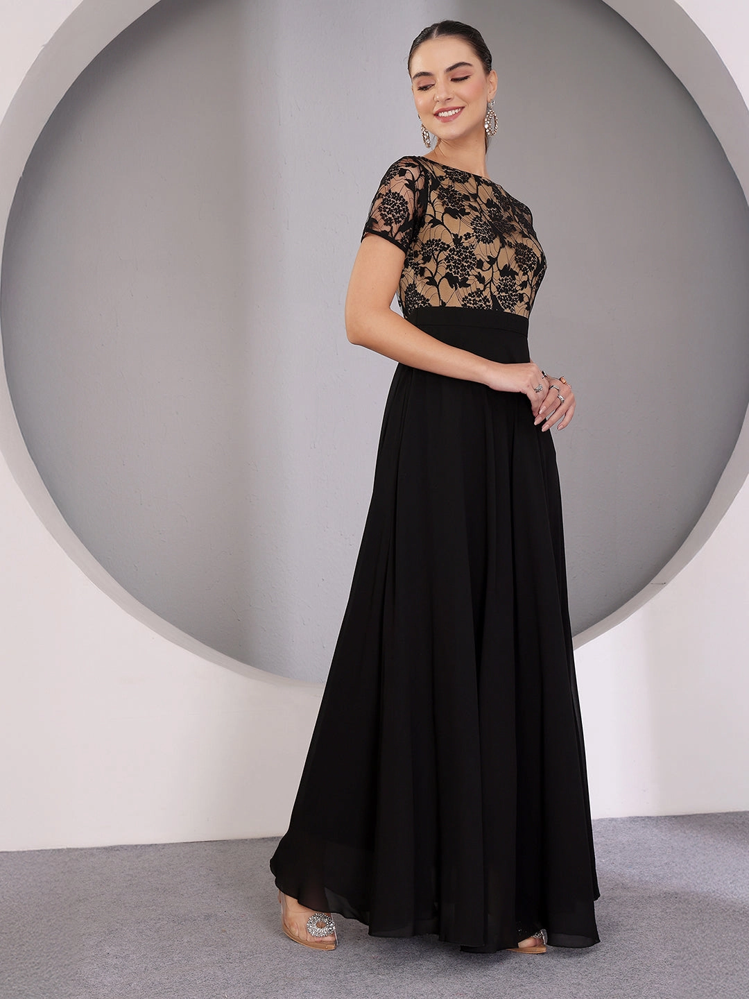 Women's Black Round-Neck Half-Sleeve Self-Design Fit-&-Flare Georgette Maxi Dress Smart Tones High Neck