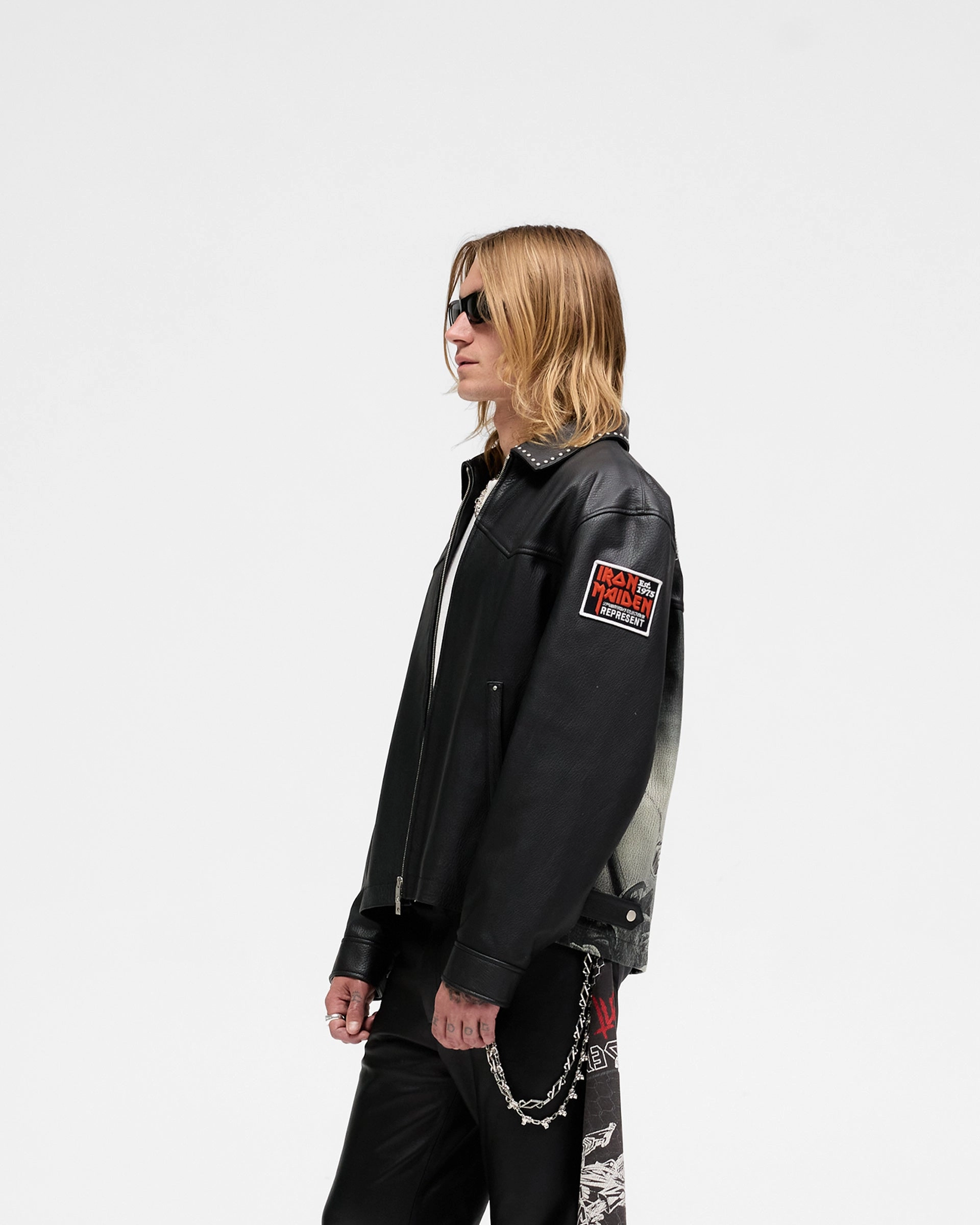 Three Layer Laminate Casual Street Style Represent X Iron Maiden Trooper Leather Jacket - Jet Black