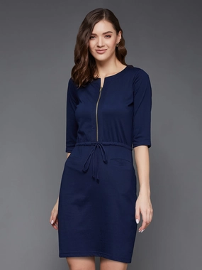 Women's Navy Blue Round Neck 3/4 Sleeves Cotton Solid Mini Shift Dress Mid layer