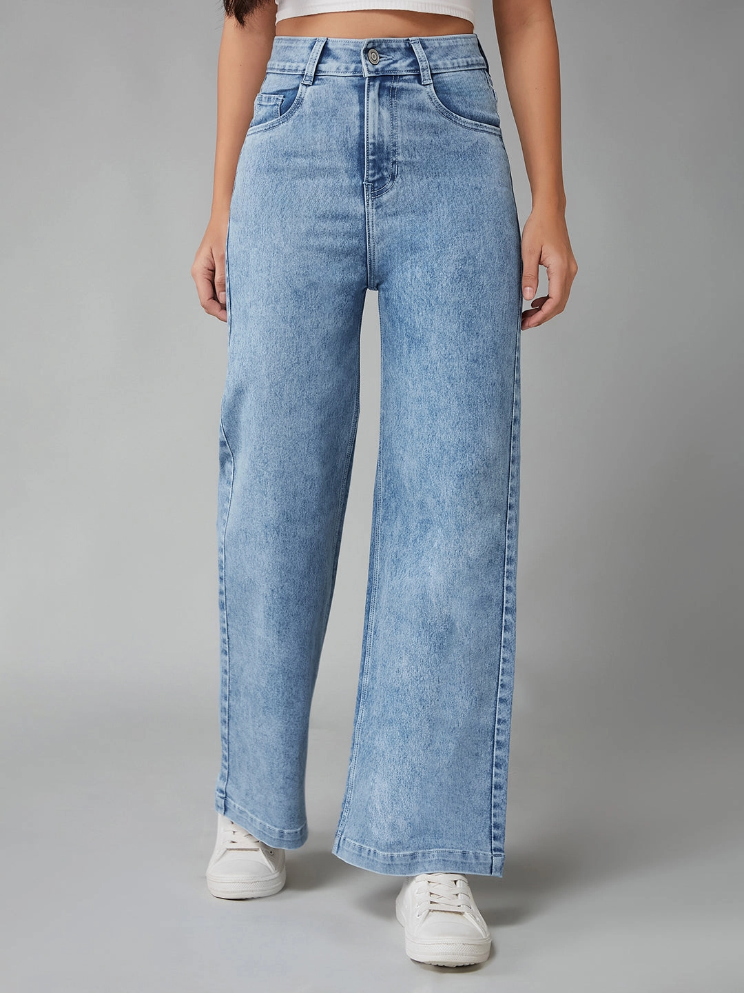 Perfect for All Women's Light Blue Wide-Leg High-Rise Clean-Look Regular Stretchable Denim Jeans