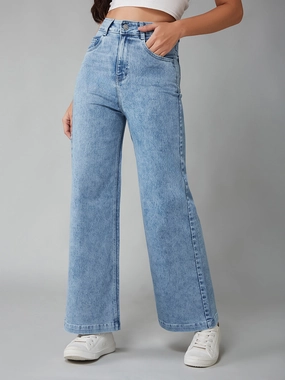 Women's Light Blue Wide-Leg High-Rise Clean-Look Regular Stretchable Denim Jeans Lockstitch Construction