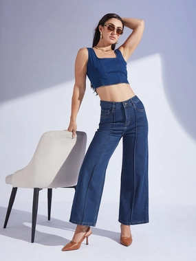 Light Touch Women's Navy Blue Wide-Leg High-Rise Clean-Look Regular-Length Non-stretchable Denim Jeans